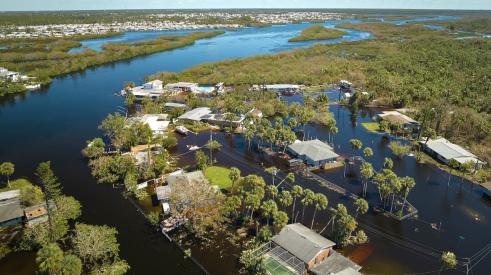 Aerial view of flooding around Florida houses after Hurricane Ian