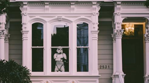 House exterior revealing Star Wars stormtrooper in window