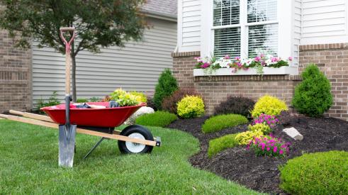 Landscaping equipment on home front lawn