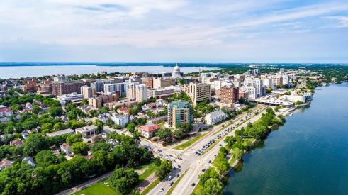 Aerial view of waterfront in Madison, Wisconsin