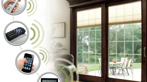 Pella's SmartSync technology allows shades or blinds to be controlled by a remot
