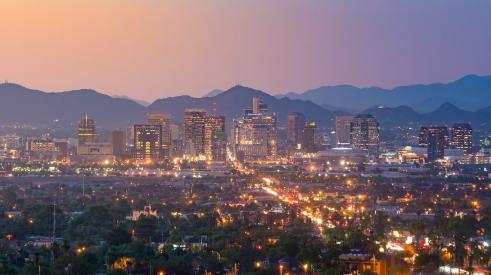 Aerial view of Phoenix, AZ, at sunset