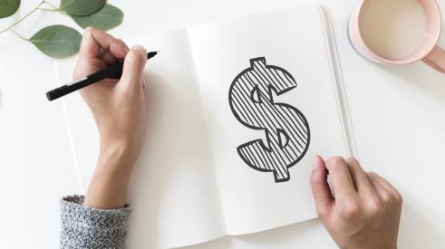 Woman drawing dollar sign in journal