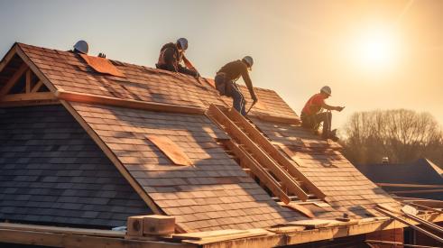 Roofers installing shingles on new single-family house