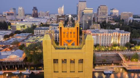 Aerial view of Sacramento, California, from bridge