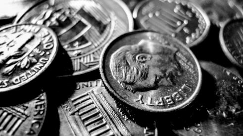 black and white image of coins