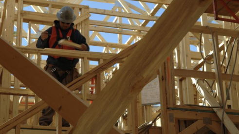 Construction worker checks for excess timber framing in house under construction