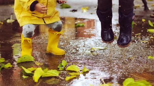 Kids in rain boots splashing in a puddle