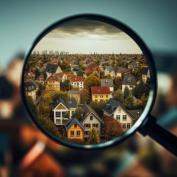 Magnifying glass held up to rendering of houses in neighborhood