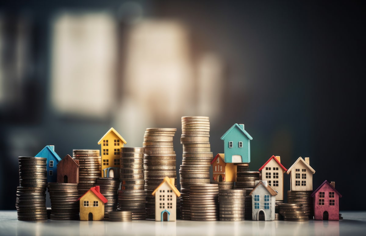 Small model houses on tall stacks of coins represent house-poor Americans