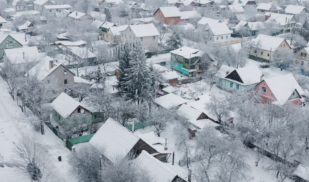 Aerial view of snowy winter houses