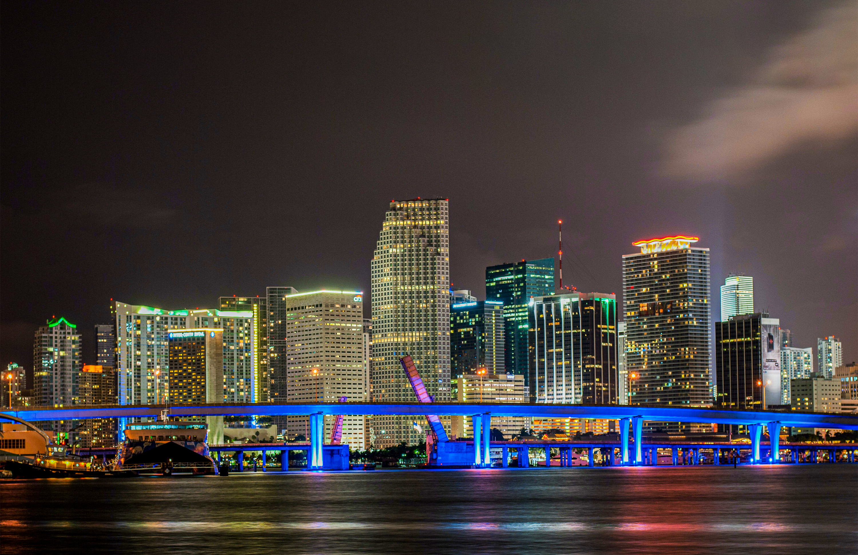 Miami, Florida high-rise buildings at nighttime