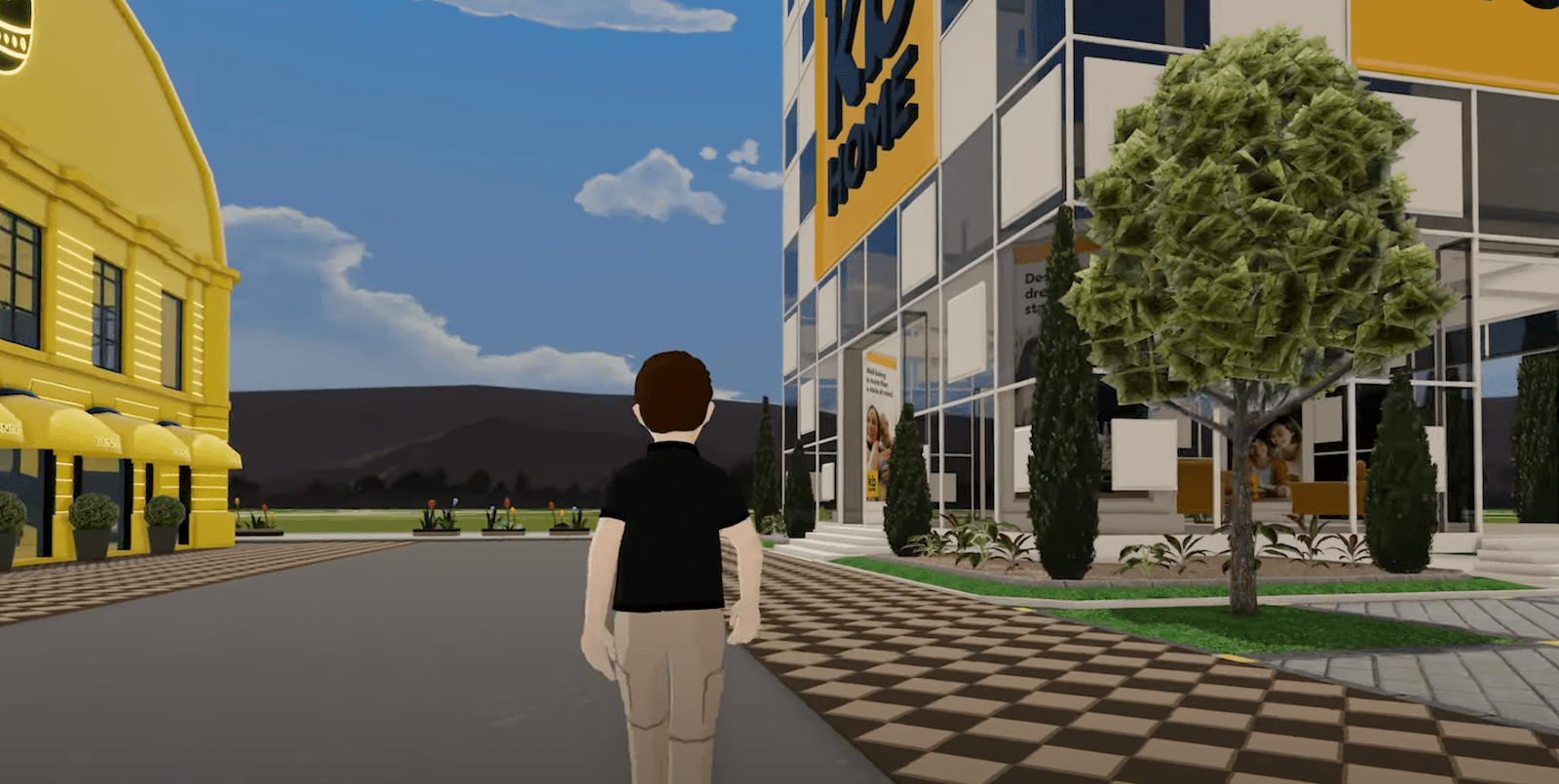 Avatar man walking toward the welcome center in KB Home's virtual new-home community in the metaverse