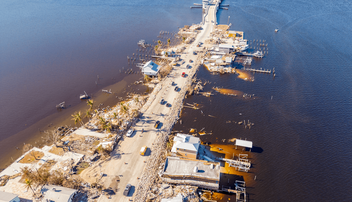 Aerial view of Matlacha Florida showing hurricane damage