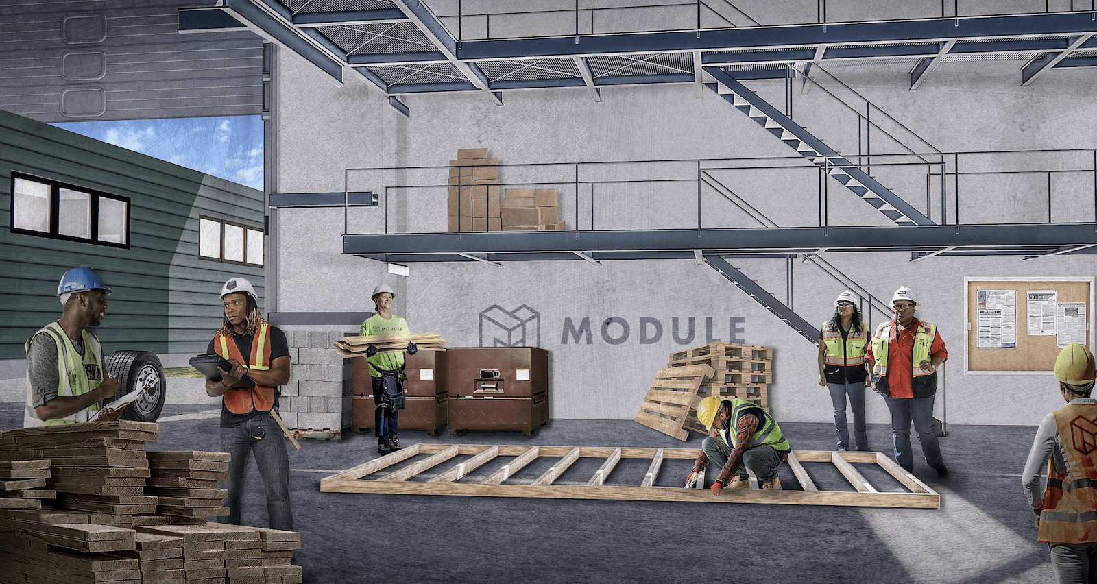 Artist's rendering of Last Mile Lab's training facility for construction workers building modular construction