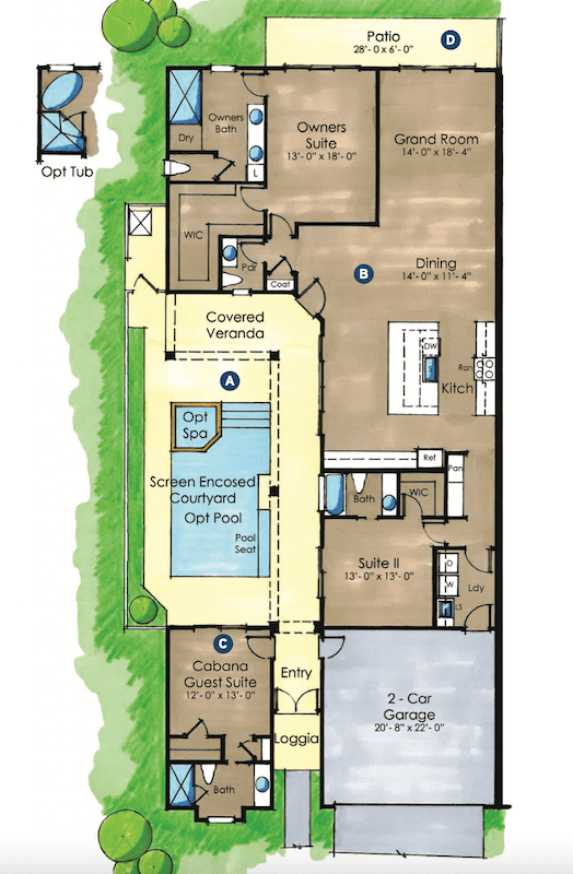 Floor plan for the Courtyard Open Concept small-lot home design by The Evans Group