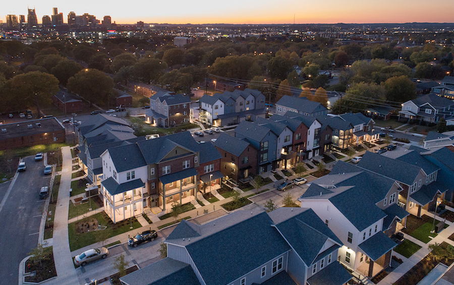 Aerial view of Kirkpatrick Park multifamily development, Nashville, at dusk