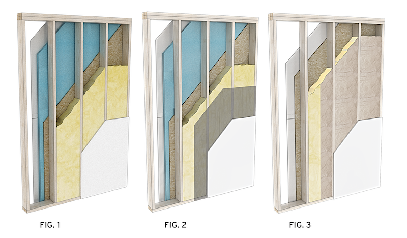 three wood-frame wall assemblies with different insulation and vapor retarding options