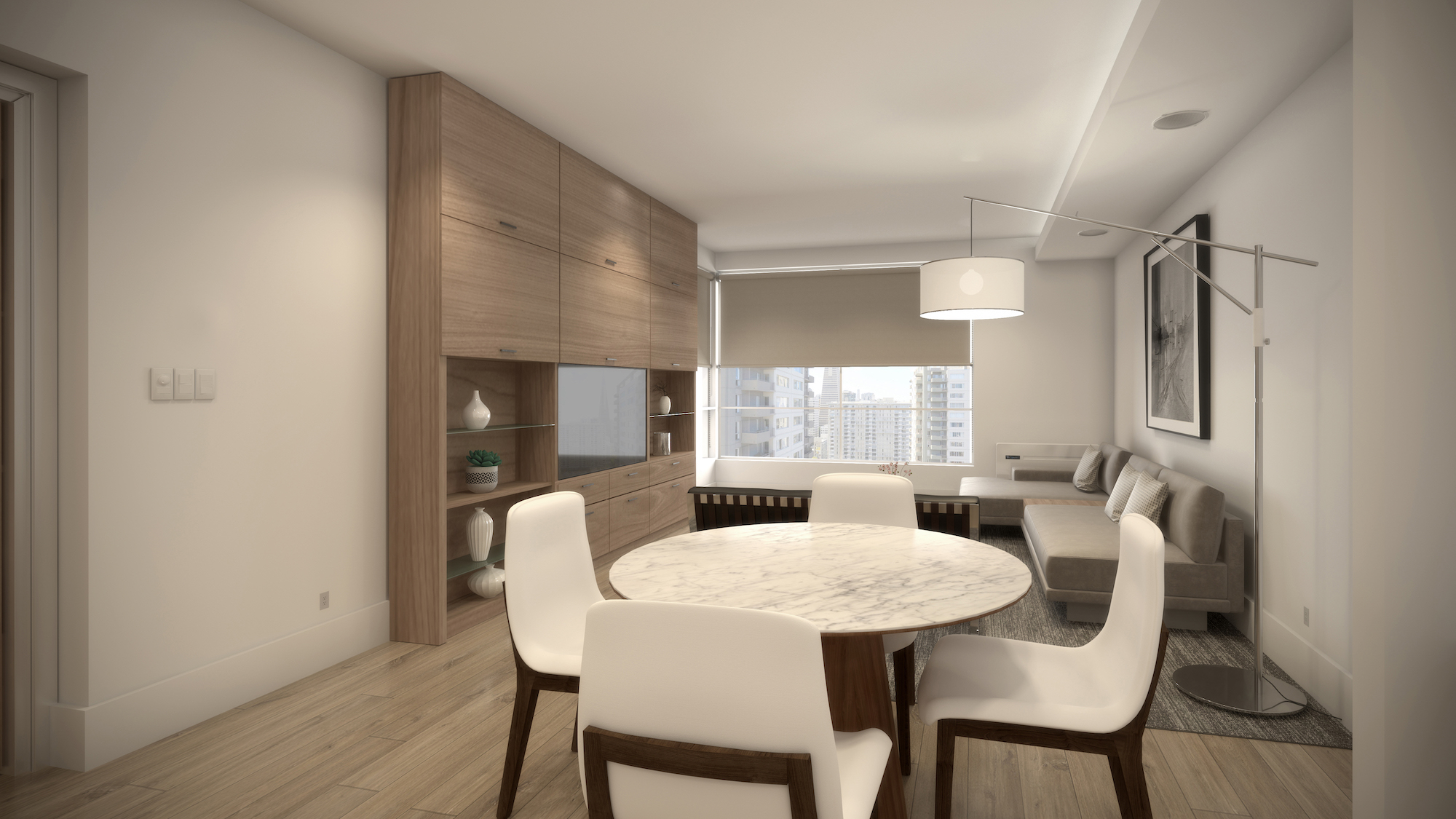 Rendering of a private, modern Cloud Apartment interior that “feels like home without sacrifice.”