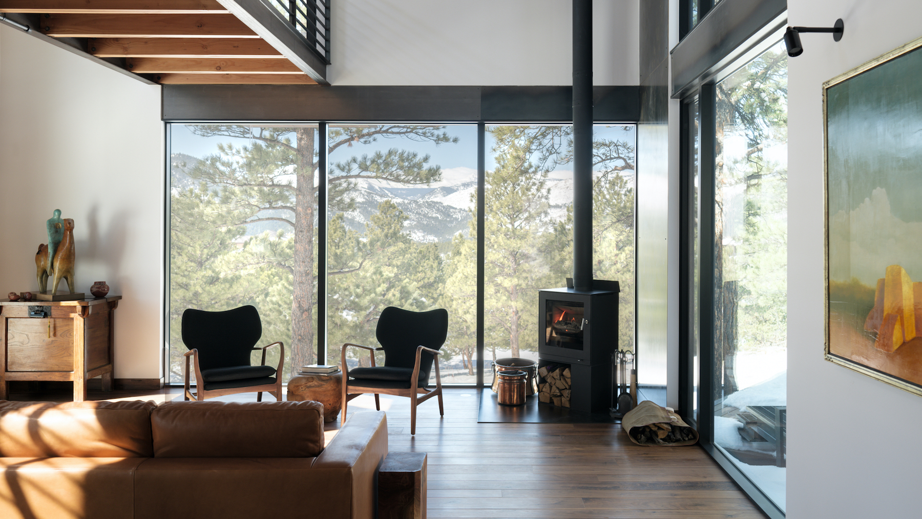 Goatbarn Lane - living room with viewing platform overhead, view of snow capped Rocky Mountain peaks